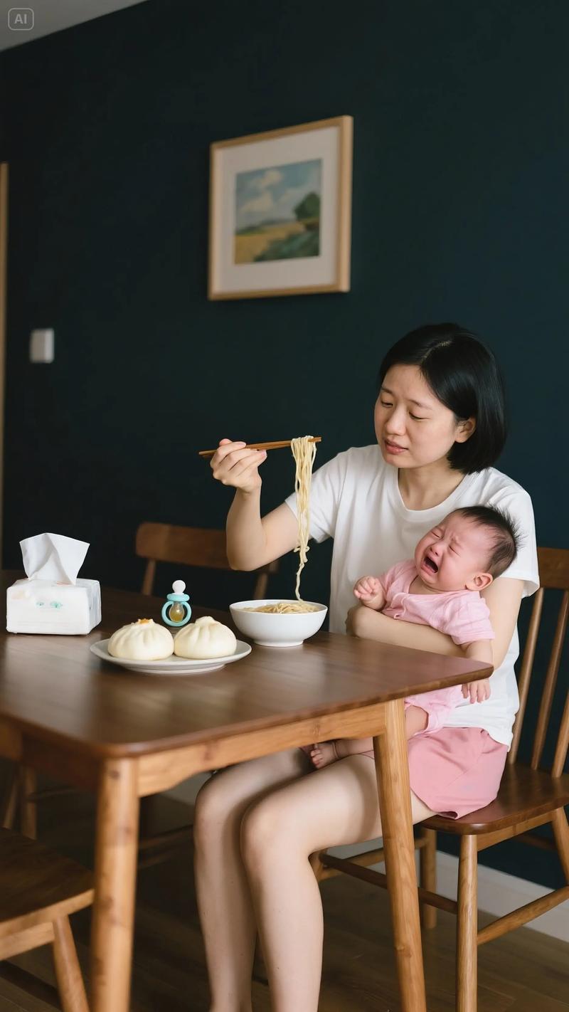 深夜疲惫的妈妈抱着哭闹的婴儿