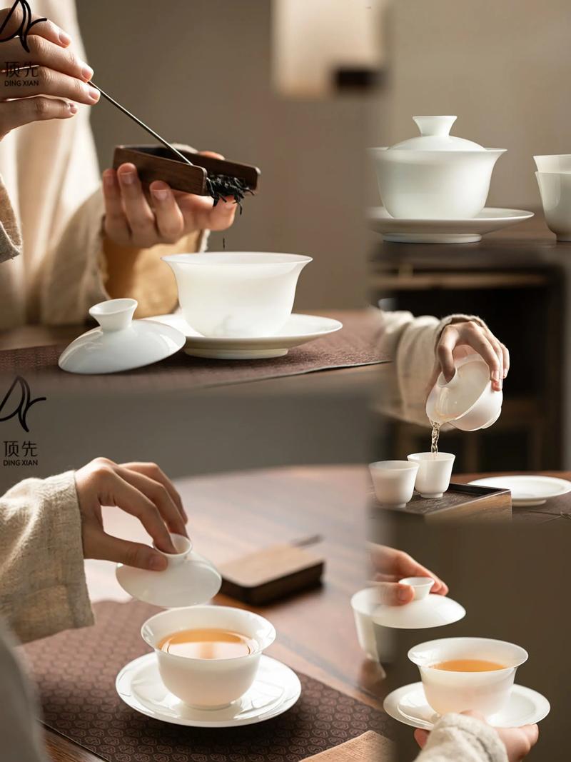 潮汕功夫茶白瓷盖碗配三个小茶杯
