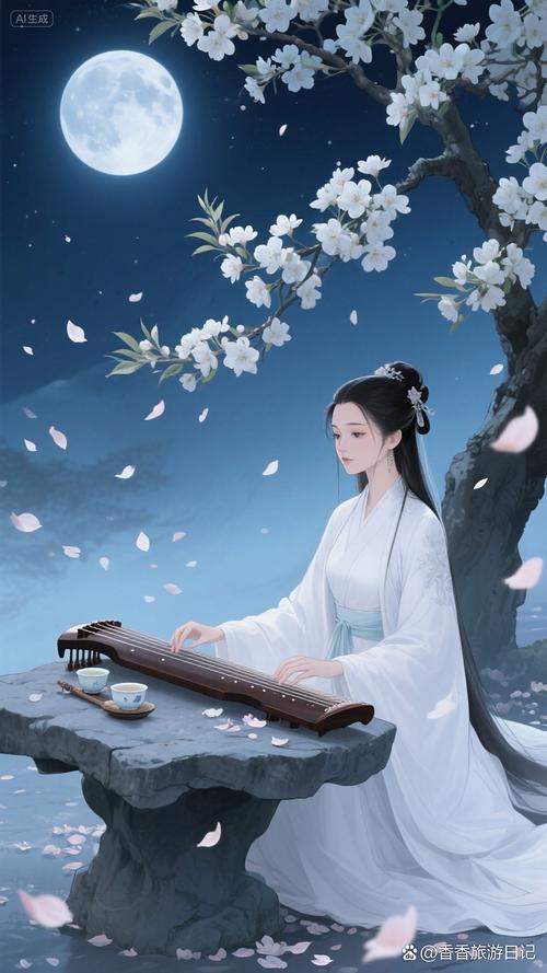 古代才子佳人月下抚琴意境图