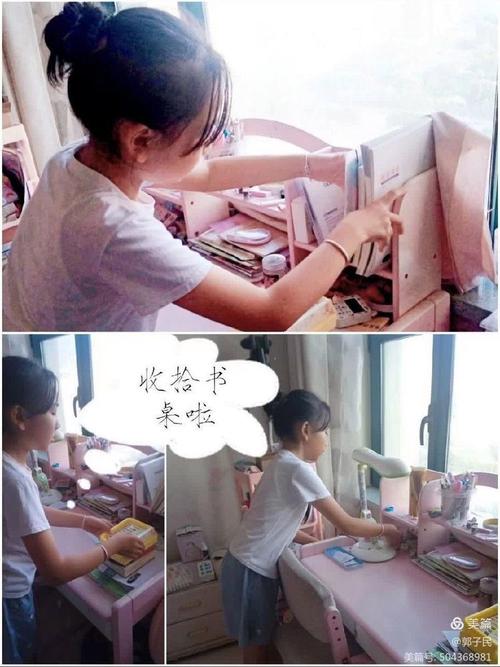 小学生清晨在书桌前整理作业和画笔