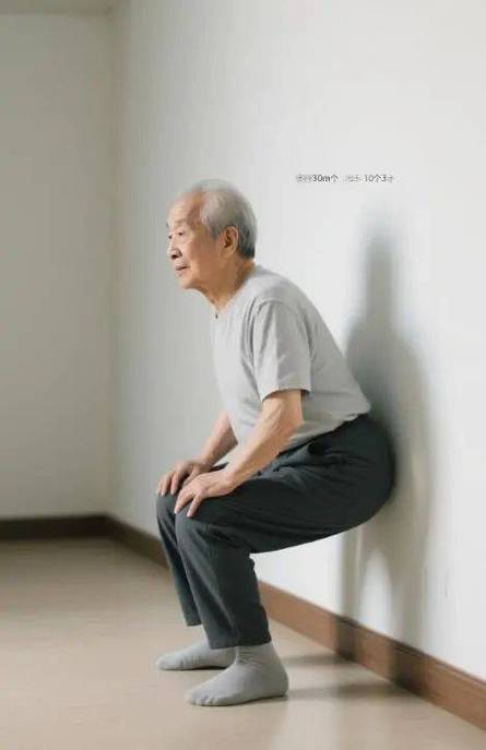 社区公园老年人靠墙静蹲练习图