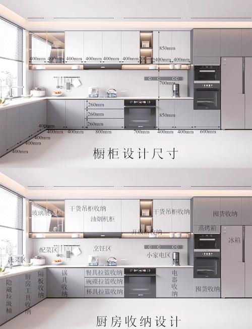 橱柜地柜内部留空高度与嵌入式电器适配示意图