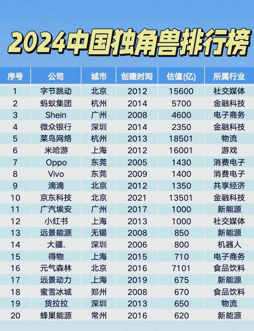 2024中国独角兽企业估值排行榜单