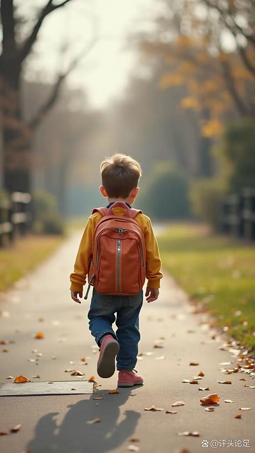 小男孩独自上学背影
