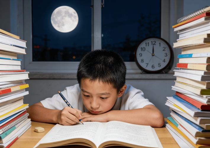 中国小学生熬夜写作业场景