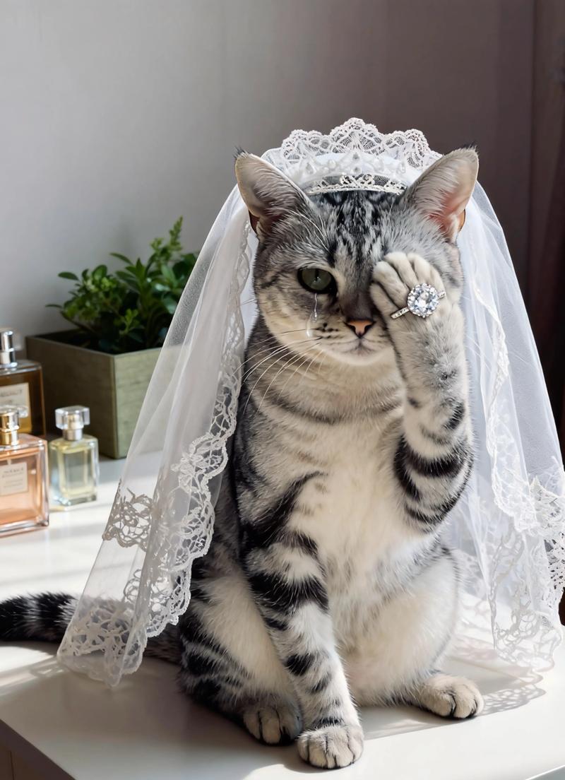 猫咪尝试穿戴婚礼头纱时一脸抗拒