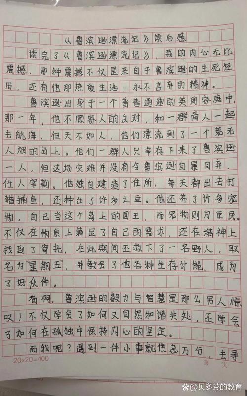 小学生鲁滨逊荒岛求生读后感手写页