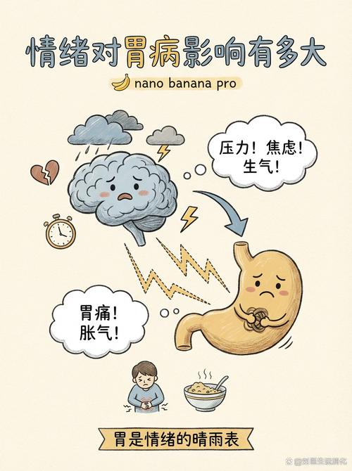 长期压抑情绪引发胃部不适场景示意图