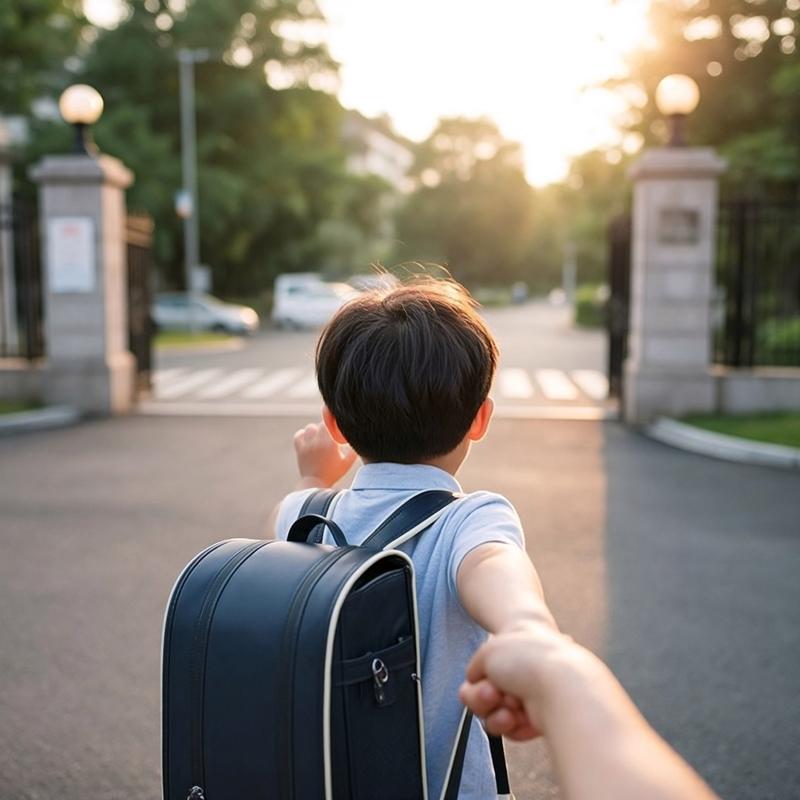 学校门口低着头攥着书包带的小男孩
