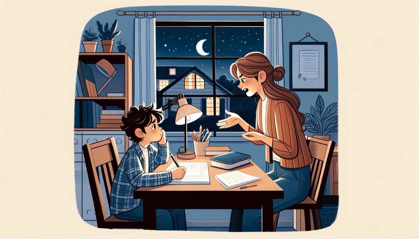 父子夜晚在台灯下互相教学讲解场景插画