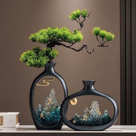 新中式玄关素色陶瓷山水装饰摆件实景图