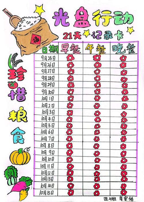 家庭餐桌上儿童节约粮食光盘打卡记录表
