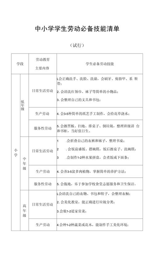 小学生劳动清单制度技能表