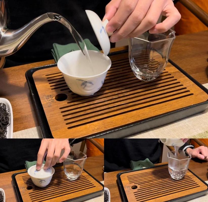茶艺师在茶席上用盖碗冲泡乌龙茶的细节动作