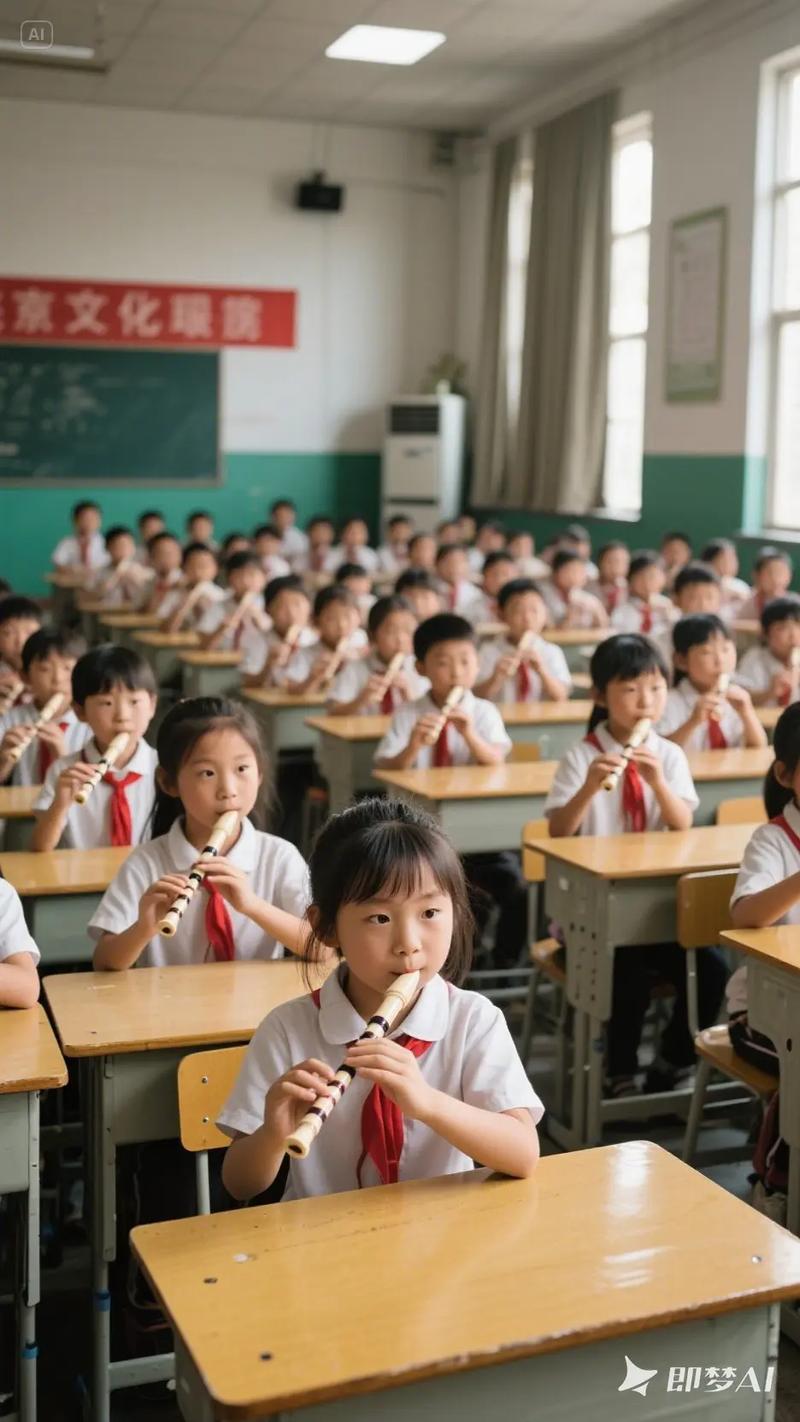 学生参与远程同步课堂音乐课吹奏竖笛