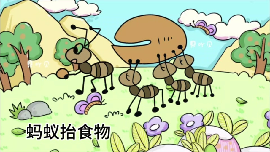 孩子用放大镜观察花园里蚂蚁搬运食物的场景