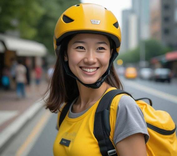 怀孕女外卖骑手穿黄色工服骑电动车照片