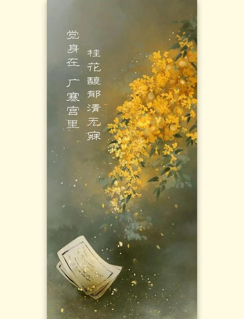 一本泛黄的古诗词线装书摊开,旁边点缀着几朵新鲜桂花