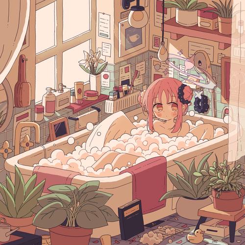 浴室水汽氤氲中的灵感瞬间插画