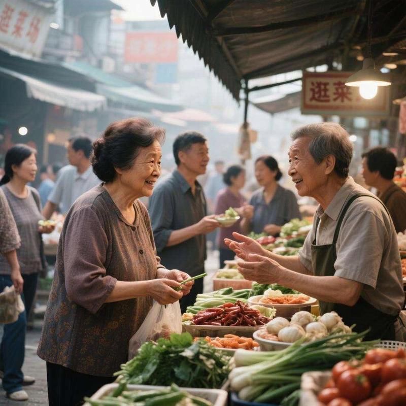 小城重组家庭一起逛菜市场场景