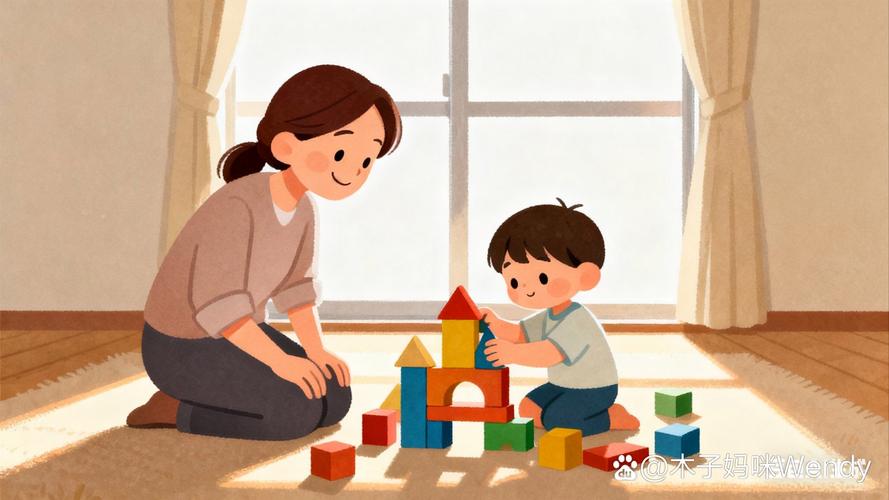 孩子独自专注搭积木妈妈安静陪伴