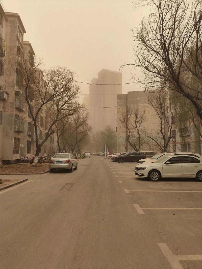 北方春季沙尘暴城市街头景观
