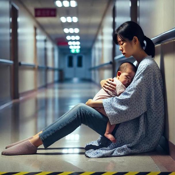 新手妈妈深夜抱娃靠在医院急诊台打盹图