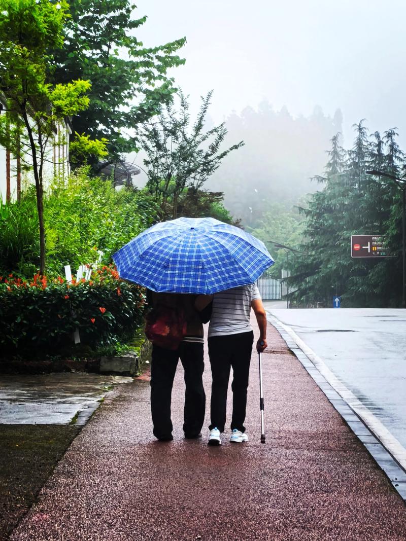 老年夫妻雨中相拥相濡以沫真实抓拍