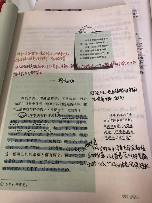 语文课本上贴满各色考点荧光条的《骆驼祥子》书页