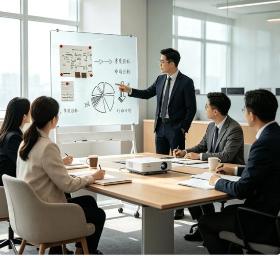 中层管理者给上级汇报两个可选方案的会议室白板场景