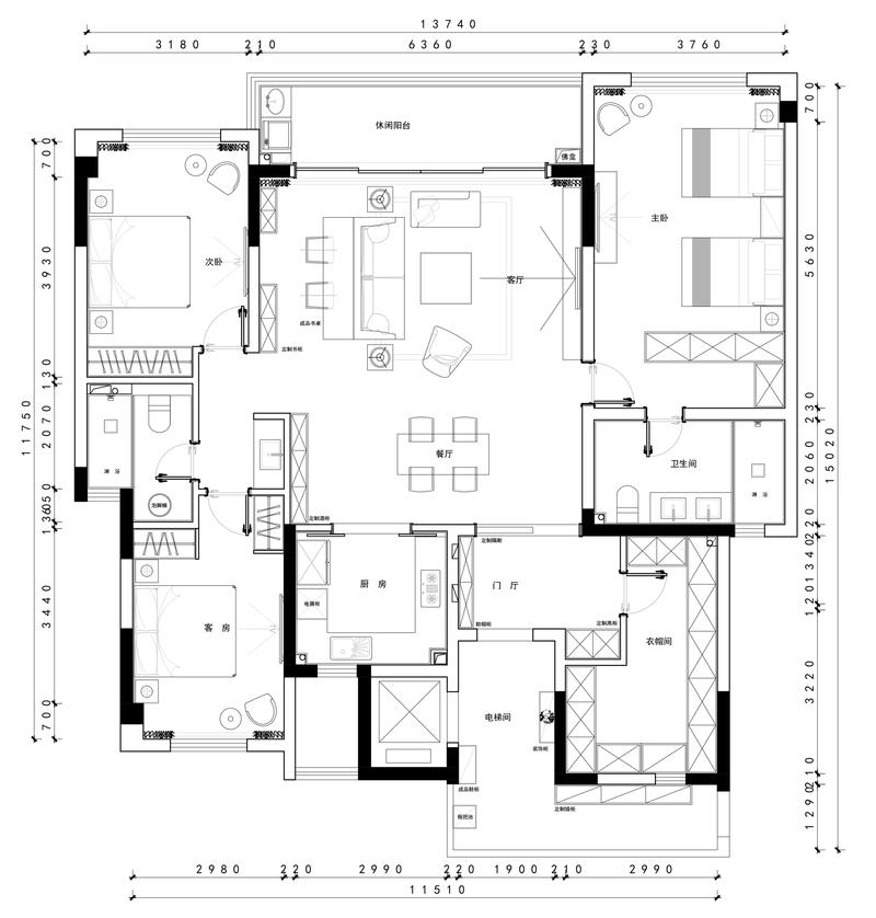 住宅户型图标注赠送尺寸示意图
