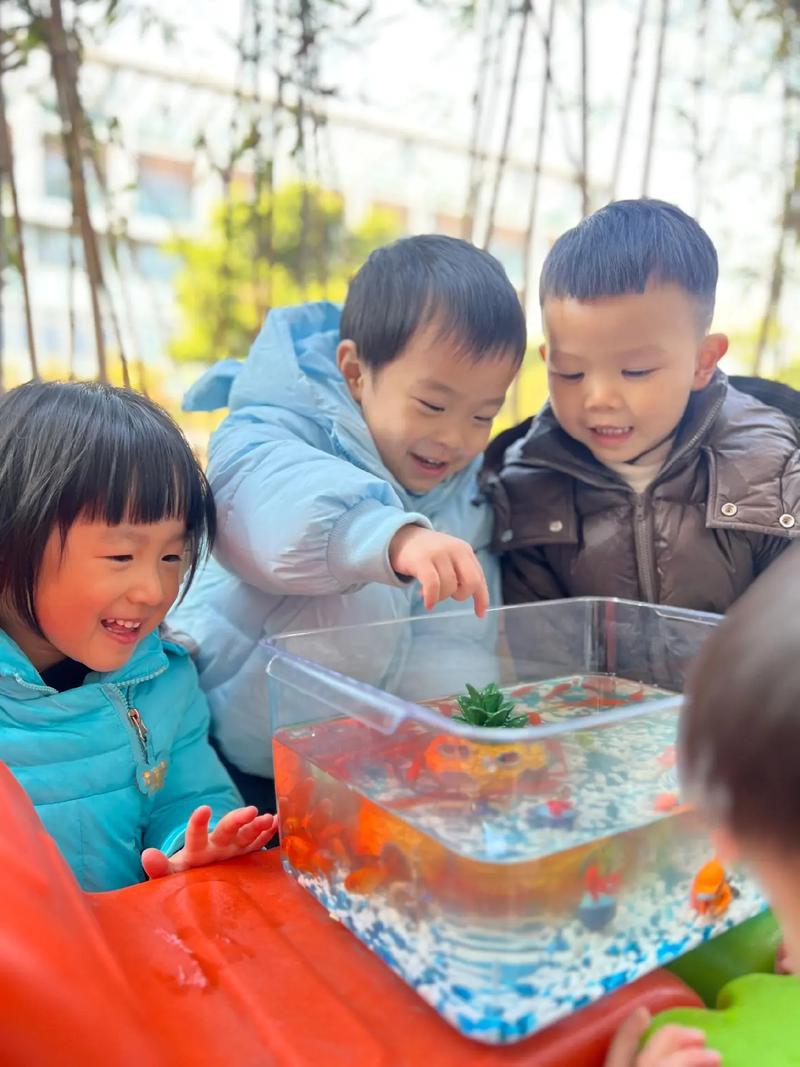 幼儿专注观察金鱼吐泡泡 温馨家庭鱼缸旁