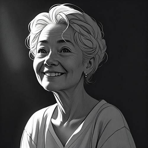 老人手持木梳对镜梳头，黑白照片风格，复古怀旧