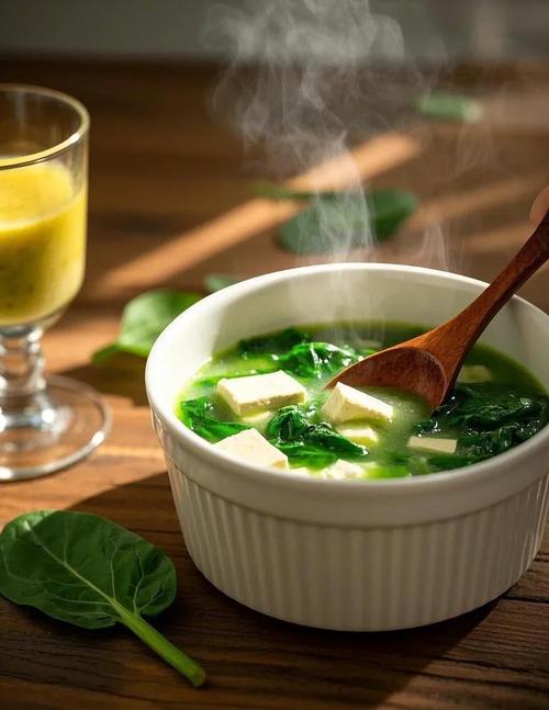 家常菠菜炖豆腐盛在白瓷汤碗的实拍图