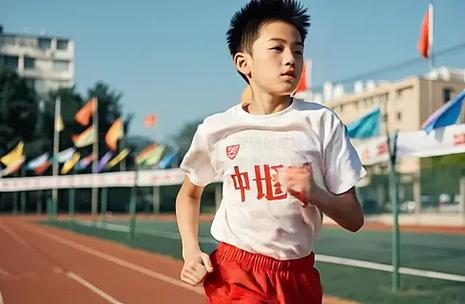 城郊小学运动会100米终点线冲线的穿旧校服的小男孩