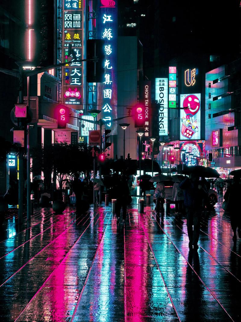 赛博朋克霓虹雨夜街景氛围图