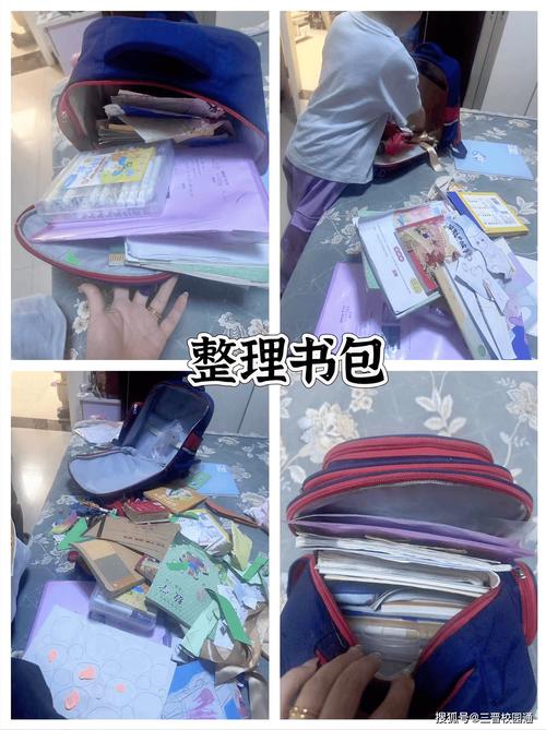 小学生自己整理书包翻找作业本场景