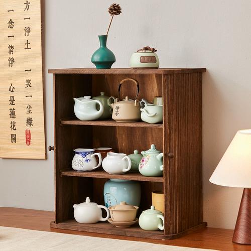 墙面实木层架茶饮器具收纳实景