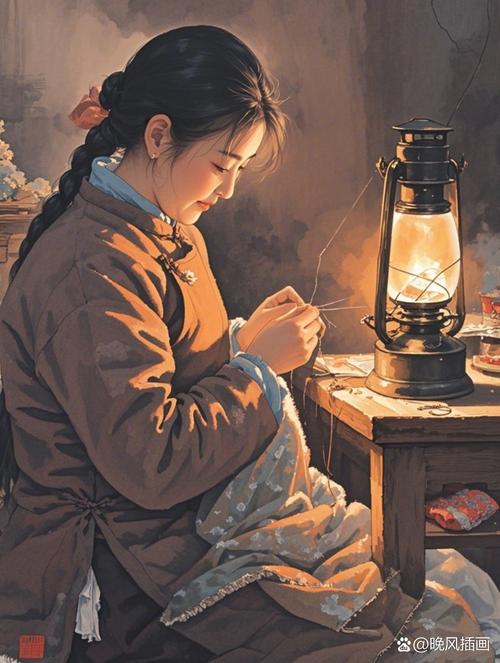 深夜台灯下妈妈翻看孩子童年画作怀念成长