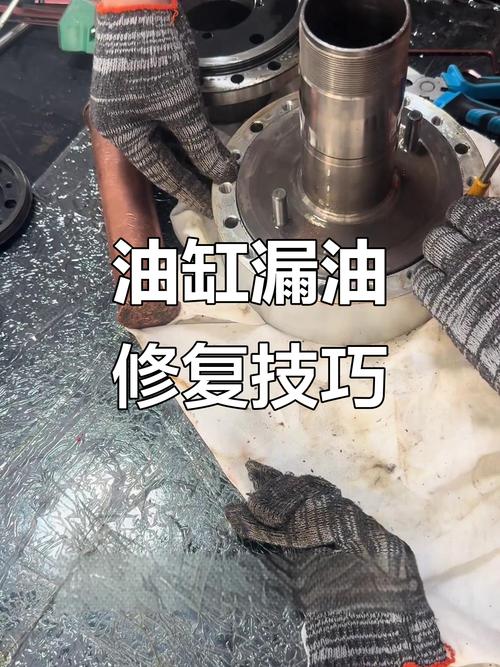 车间机修工蹲在车床旁拆漏油的旧油封