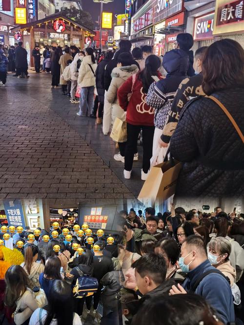 网红火锅店门口排队的人群拥挤场景