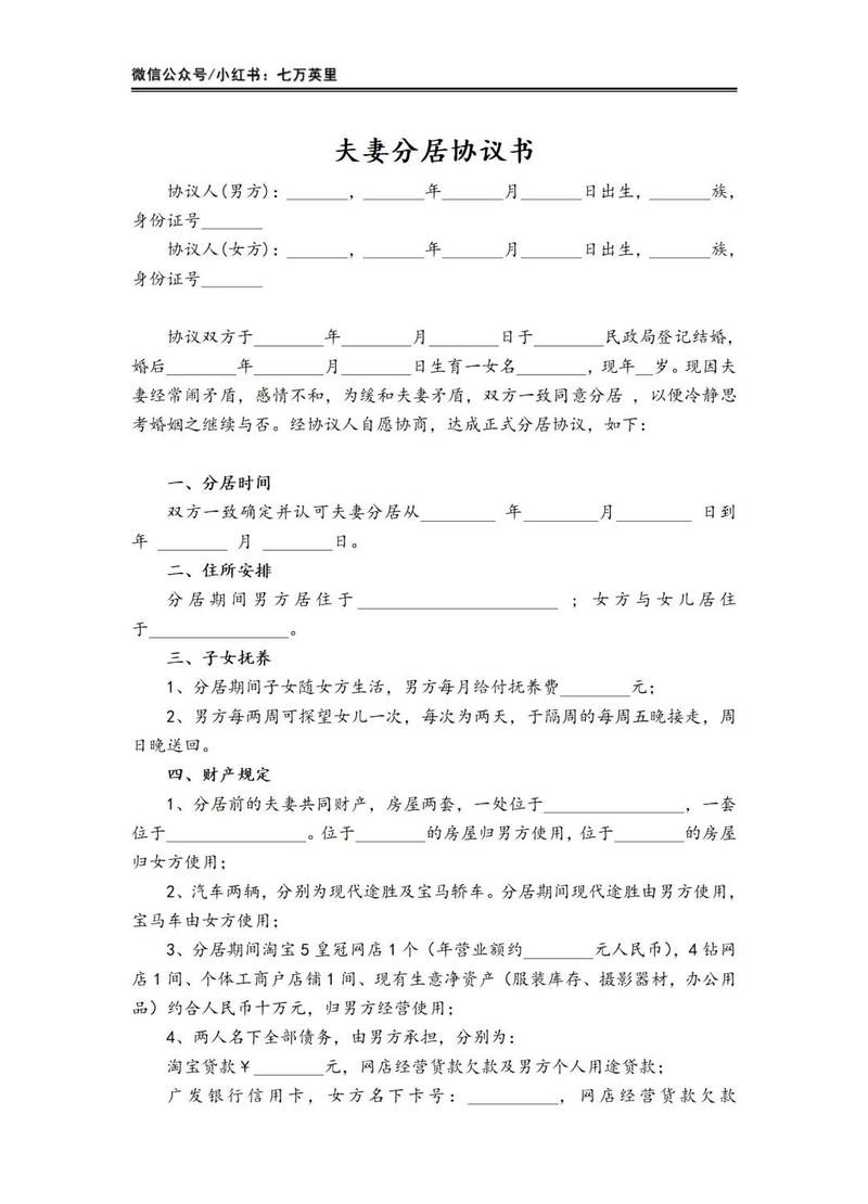 合法有效的分居协议模板示例