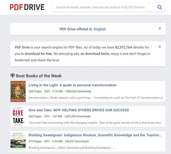 PDF Drive 网站首页显示大量免费电子书封面缩略图