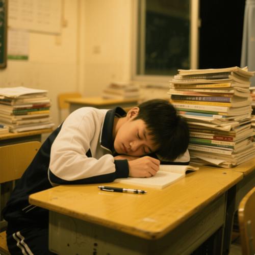 学生熬夜学习趴在书桌上睡着场景