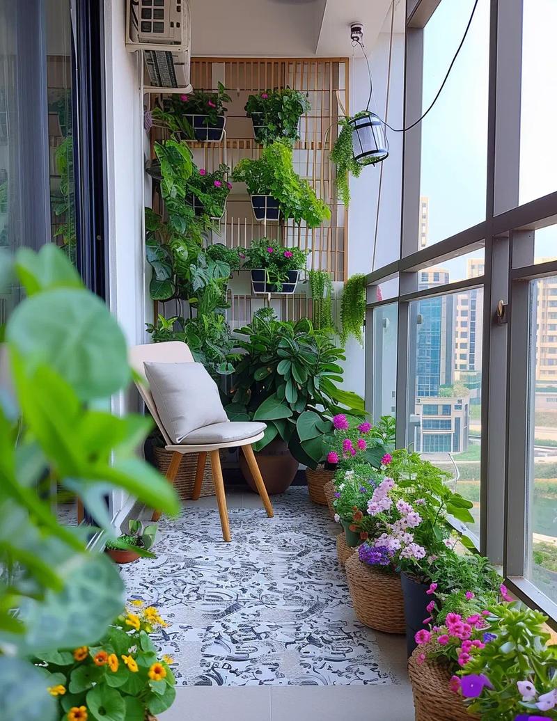 中老年人阳台侍弄花草日常轻活动场景