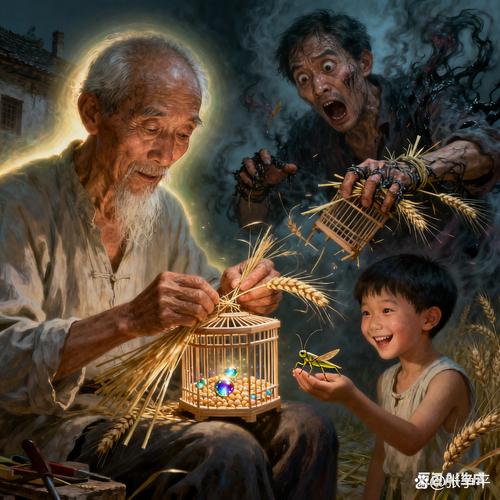 老小区槐树下老人教少年编蝈蝈笼实拍