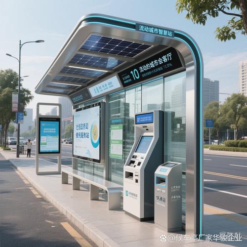 城市人行道旁带太阳能光伏板的智能公交站