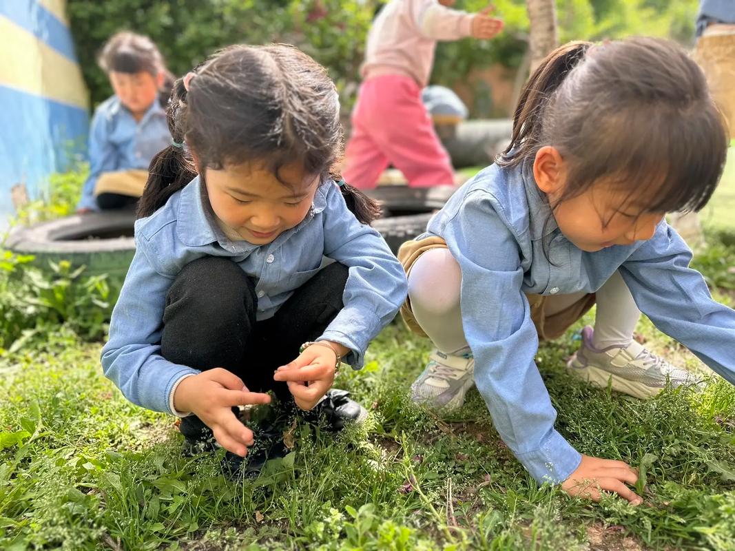 公园里孩子蹲着看小蜗牛爬行的摄影图片