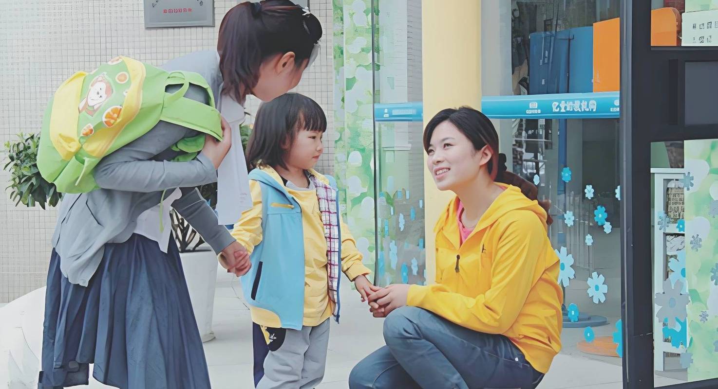 家长蹲下来和四岁孩子沟通场景图