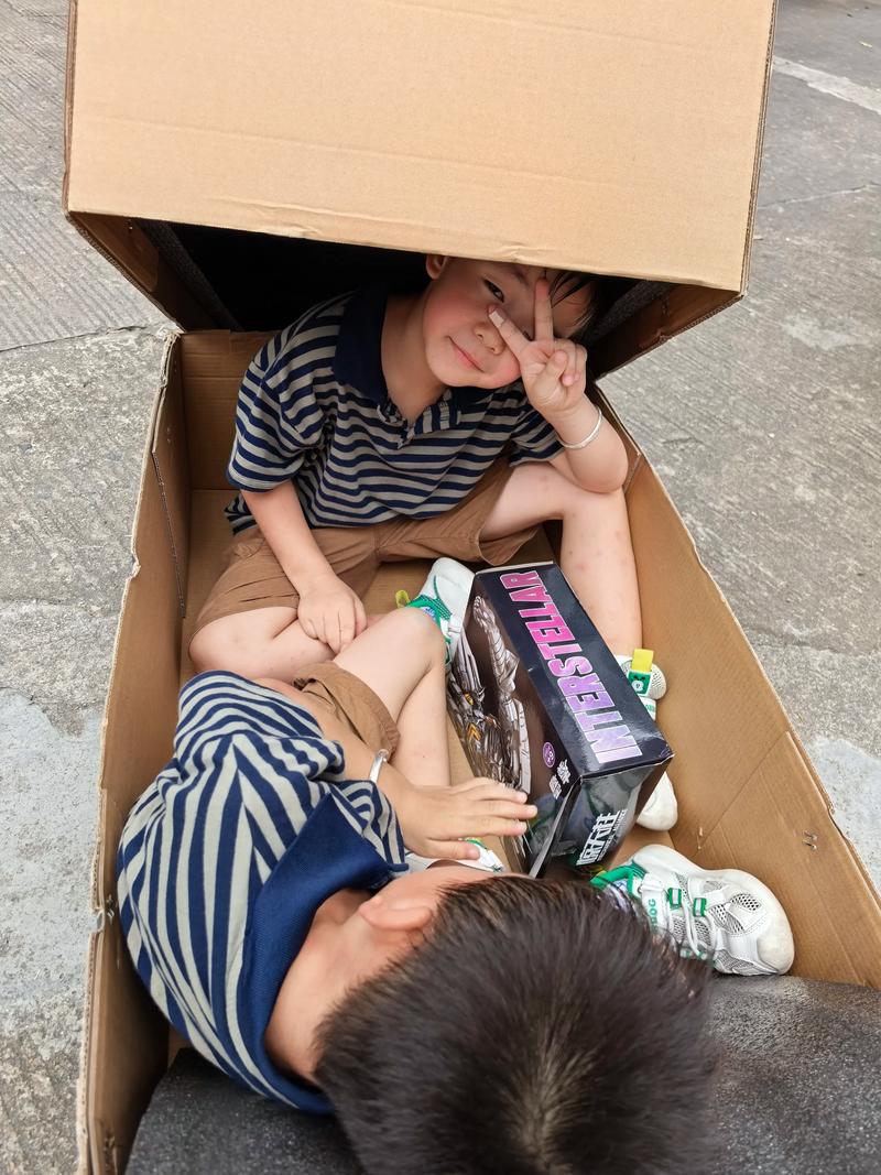 孩子用纸箱和扭扭车玩运输游戏布满客厅